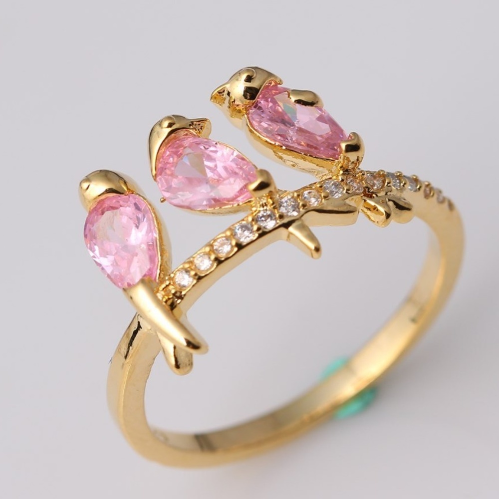 Gold Plated Birds Sitting on a Wire Pink Zirconia
